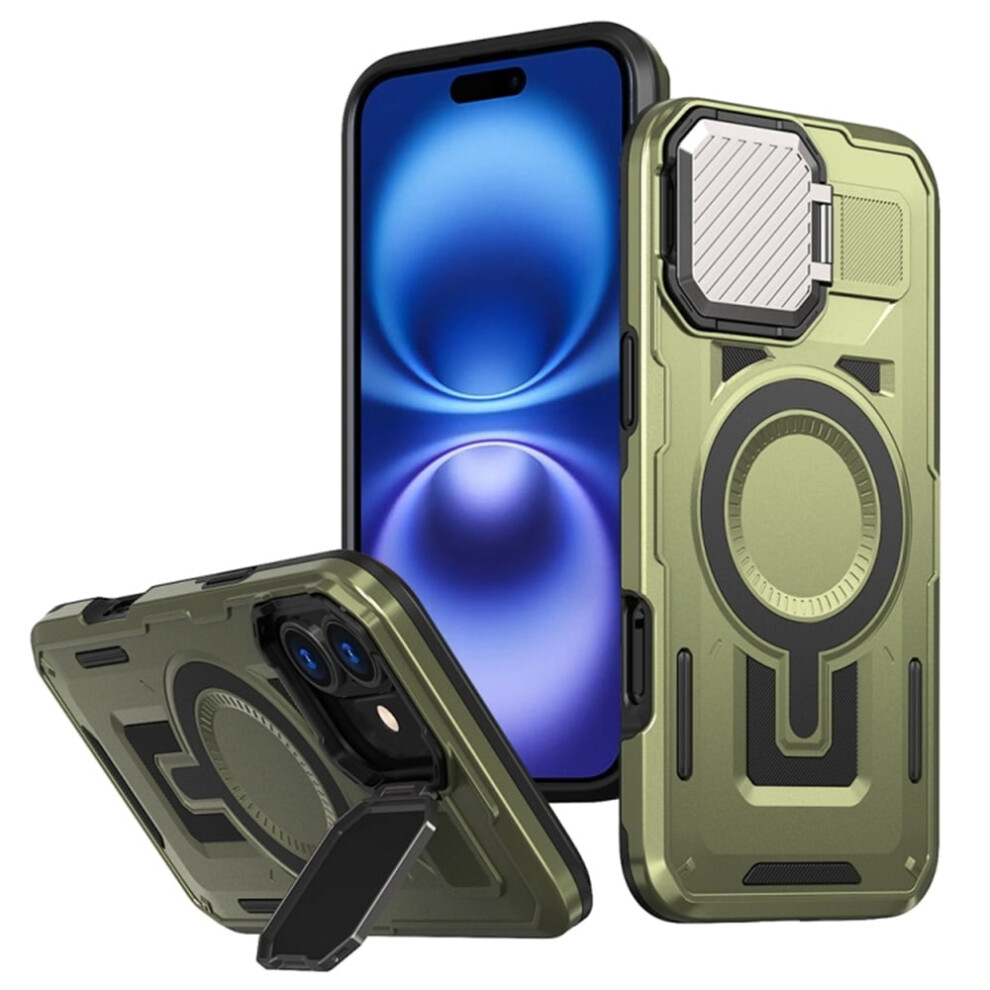 Rugged Magsafe Case For Iphone 16 Plus 6.7" – Military-Grade, Adjustable Metal Lens Cover & Stand, Green 9193271078647