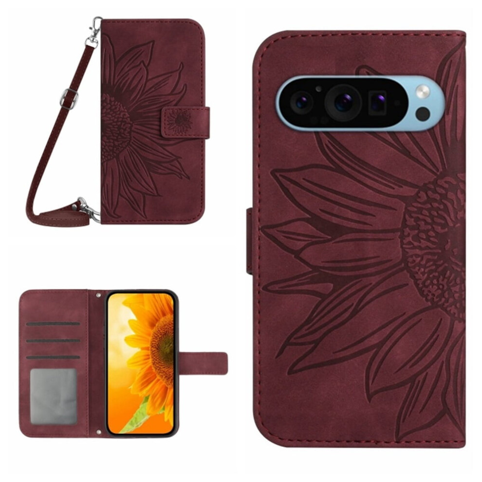 Wine Pu Leather Flip Wallet Case For Google Pixel 10/10 Pro 6.3" Â Sunflower Embossed, Strong Magnetic Closure, Card Slots, Adjustable Shoulder Red 9327961720060