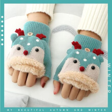 Kids Convertible Flip Top Gloves, Cute Reindeer Knitted Gloves, Fingerless Fleece Gloves for Boys Girls 3-9 Year