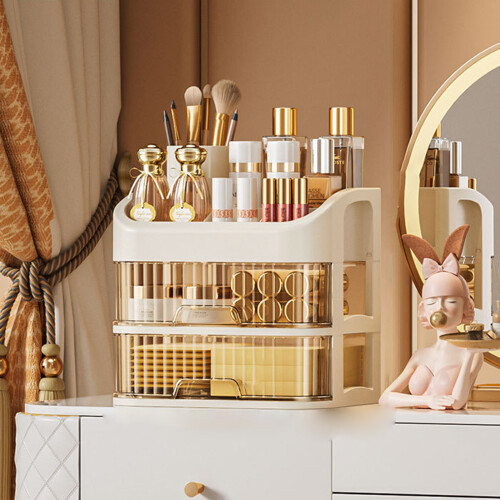 (Cream Color, Three-layer storage box) 3-Layer Plastic Organizer for Skincare & Small Items 2