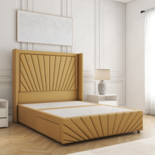 (Mustard, 5ft King (No Mattress))) Nola 54” Winged Divan Double Bed Base Plush Velvet Built-in 2 Drawers