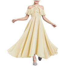 Brudepigekjoler til juniorpiger med halterneck-mønster til teenagere, splitsatin, blomsterpigekjole til bryllup, beige, 12-13 år