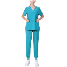 Jogger Scrubs for Women Light Blue Short-Sleeve Pocket-Neck