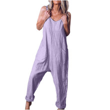 Ærmeløse jumpsuits til kvinder, afslappet, bomulds- og hør, baggy overalls, Y2K, ensfarvet, løs pasform, overalls med indsatte lommer