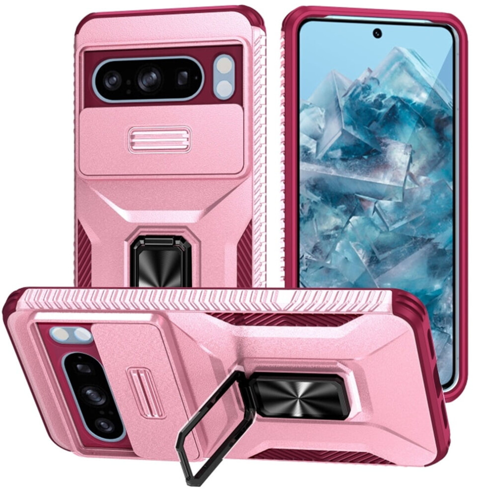 Slim Shockproof Hybrid Case With Slide Camera Cover & Rotated Ring Kickstand For Google Pixel 8 Pro Xl 6.7", Â Compatible With Pixel 8 Pro Xl Pink 9340959383498