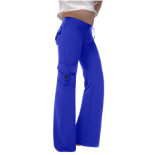 Cargobroek voor meisjes met trekkoord, hoge taille, flared model, loungebroek met wijde pijpen en zakken, blauw, 9-10 jaar