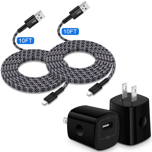 Conjunto com 2 carregadores USB e cabos de 3 metros, compatíveis com iPhone 14/13.