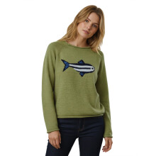 (M, Army Green) Women's Knit Sweaters Long Sleeve Round Neck Fish Embroidery Pullovers Loose Fit Tops