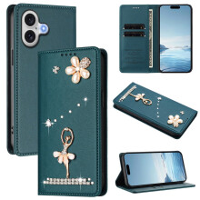 Kožené puzdro s výklopnou peňaženkou Ballet Girl s RFID blokovaním kompatibilné s iPhone 17 – tmavozelené, magnetické zapínanie a držiak