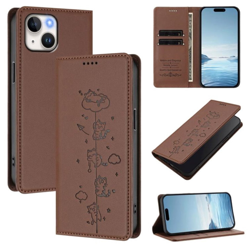 Leather Flip Wallet Case For Iphone 13 Â Rfid Blocking, Cat Embossed, Magnetic Closure, Card Holder Brown 9340959381425