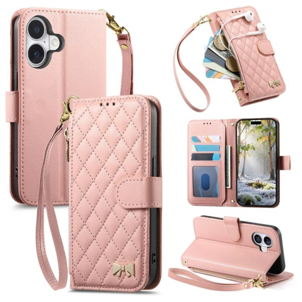 Pu Leather Bowknot Flip Wallet Case For Iphone 16 Plus Pink 937196990993