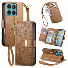 Braune Brieftaschenhülle aus PU-Leder für Motorola Moto Edge60Pro – Klapphülle mit Kartenfächern, Handschlaufe, Reißverschluss und