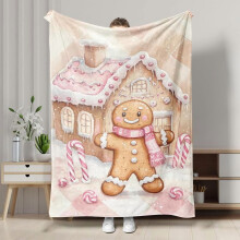 Gingerbread Man Christmas Throw Blanket – Soft Flannel, Pink Cartoon Design for Living Room, Bedroom, Compatible with Holiday Decor