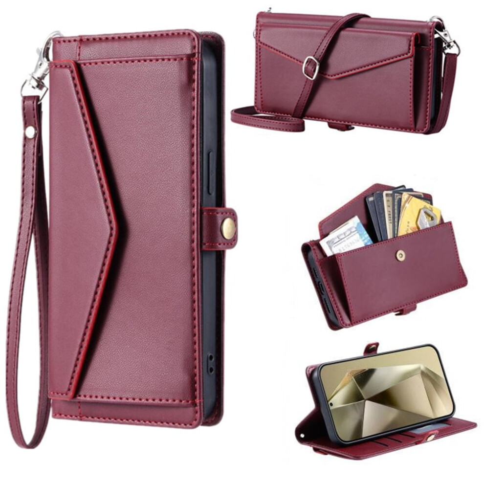 Compatible With Samsung Galaxy S23+ 5G Pu Leather Flip Wallet Case – 3 Card Slots, Hidden Pocket, Detachable Straps, Shockproof, Wine Red 9340959383344