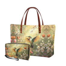 Bolsa feminina Hummingbird Peach Blossom com carteira combinando – Bolsa grande de ombro com alças superiores, porta-cartões, ideal para