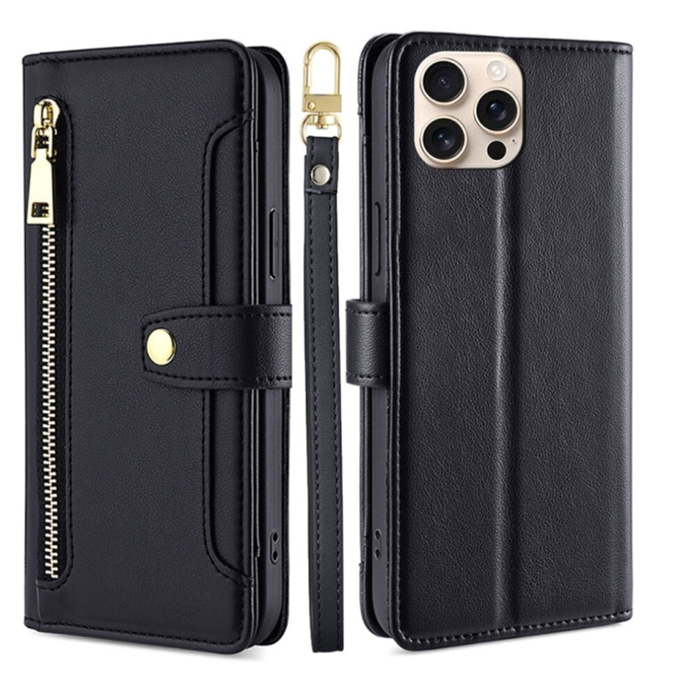 Leather Wallet Case For Compatible With Iphone 16 Pro 6.3" Â 6-Card Holder, Zipper Bills Slot, Soft Sheepskin Strap, Black 9340959381463