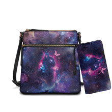 Katte-sommerfugle-galakseprint PU-læder Hobo-crossbody-taske og pungsæt med 2 stk., justerbar rem, kompatibel med rejser