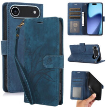 Orchideen- und Schmetterlings-Leder-Klappgeldbörsenhülle mit geprägtem Design, 3-Kartenfach und Magnetverschluss, Blau – Kompatibel mit iPhone