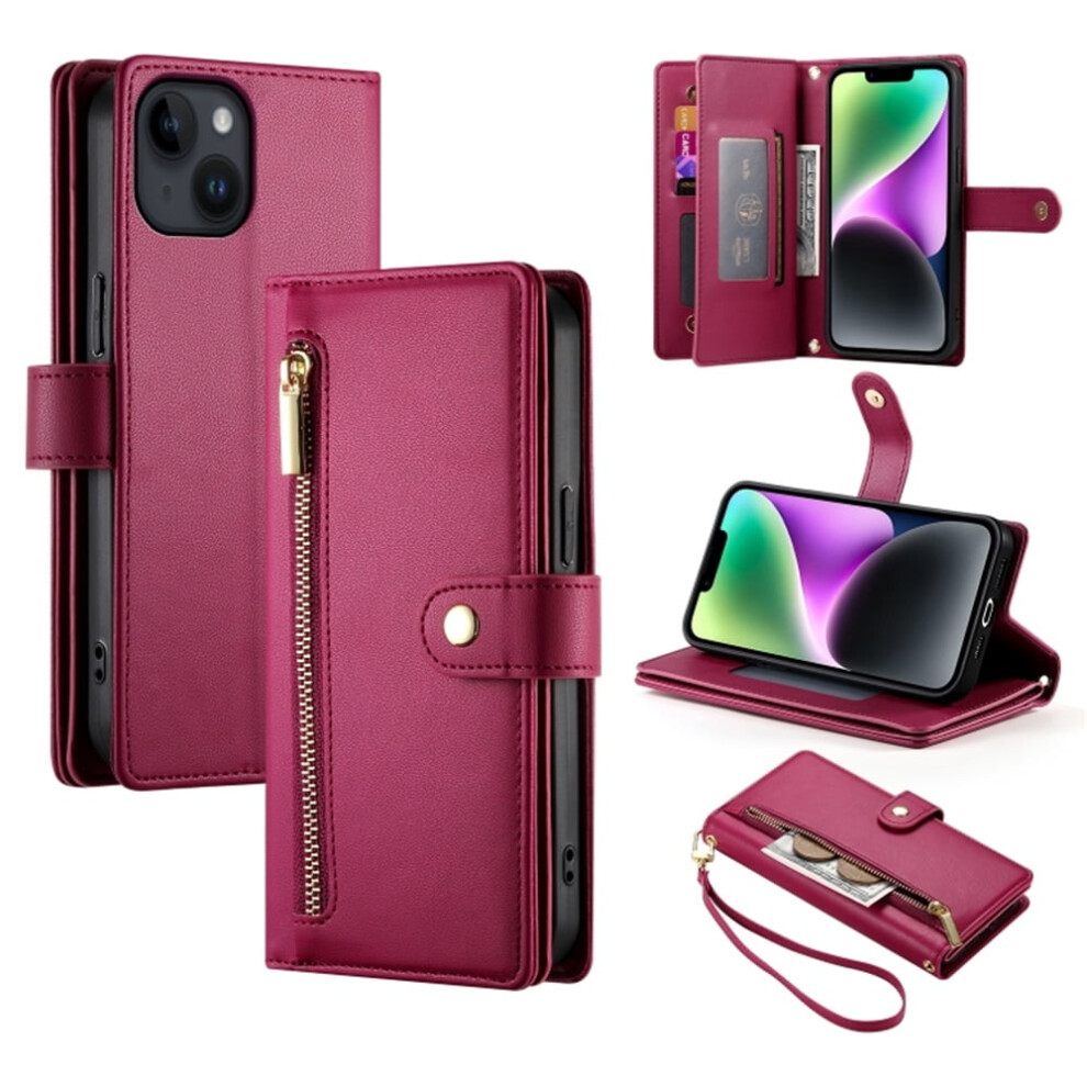 Leather Wallet Case For Iphone 14 (6.1") Â Multi-Card Slots, Zipper Pocket, Lanyard Strap, Wristlet Â Compatible With Iphone 14 Red 9193271083580