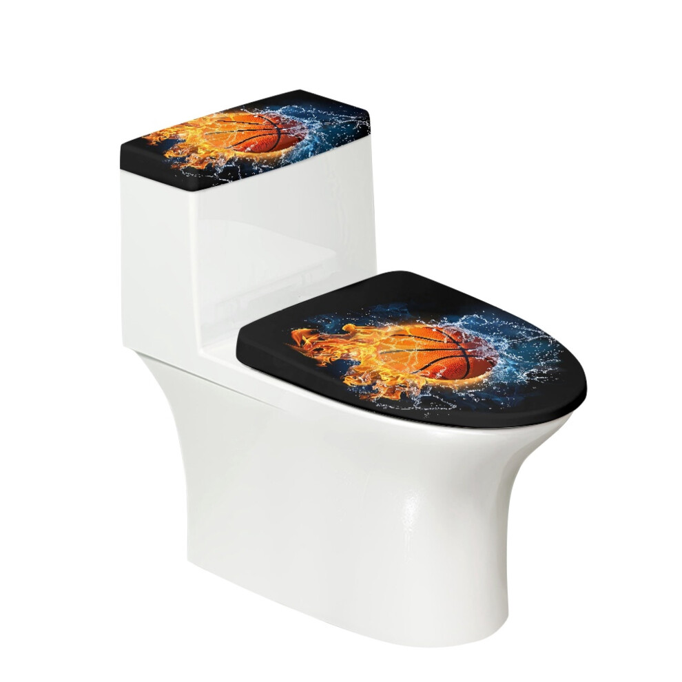 Polyester Fabric Toilet Lid Dust Cover Set & Stays In Place Bathroom Toilet Lid Cover & Universal For Bathroom Soft,Flame Basketball 9193271080152