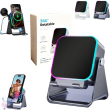 Altoparlante Bluetooth wireless 5 in 1 con supporto regolabile a 360, luci colorate e potenziamento dei bassi, compatibile con iPhone e Android.