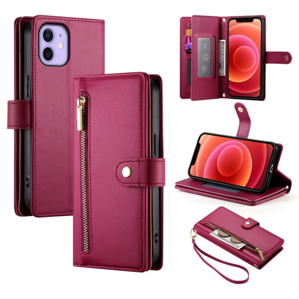 Leather Wallet Case With Zipper Pocket & Lanyard For Iphone 12 / 12 Pro Â Multi-Card Slots, Wristlet Design Red 9327961725966