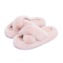 Dametøfler i memory foam, fôret med fuskepels, sklisikker såle, beige – størrelse 6,5/7/8