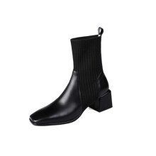 Willtoo Damstövlar med fyrkantig tå och grov klack - Enkla klänningsstövlar med dragkedja i sidan, stickade och elastiska slip-on-stövlar
