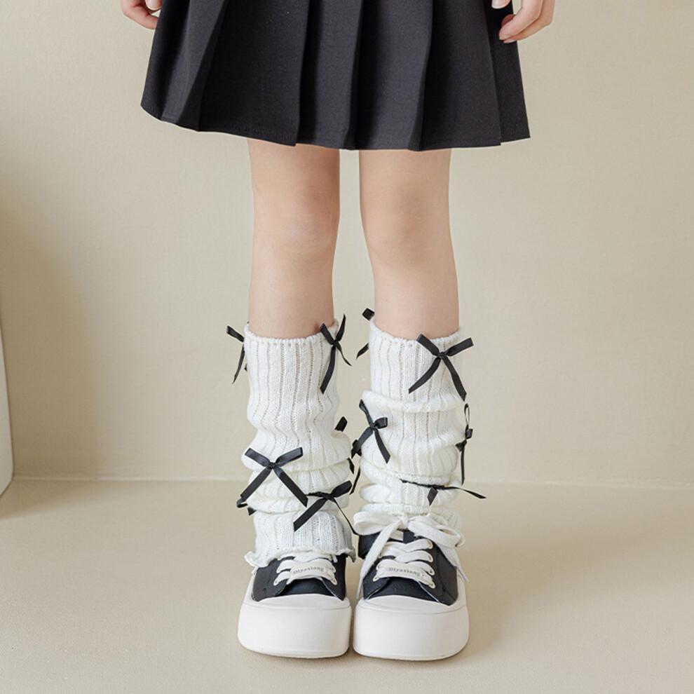 Girls Lolita Sock Leg Warmers Winter Sweet Bow Pompom Color Block Knitted Over-the-Knee Kawaii Y2k