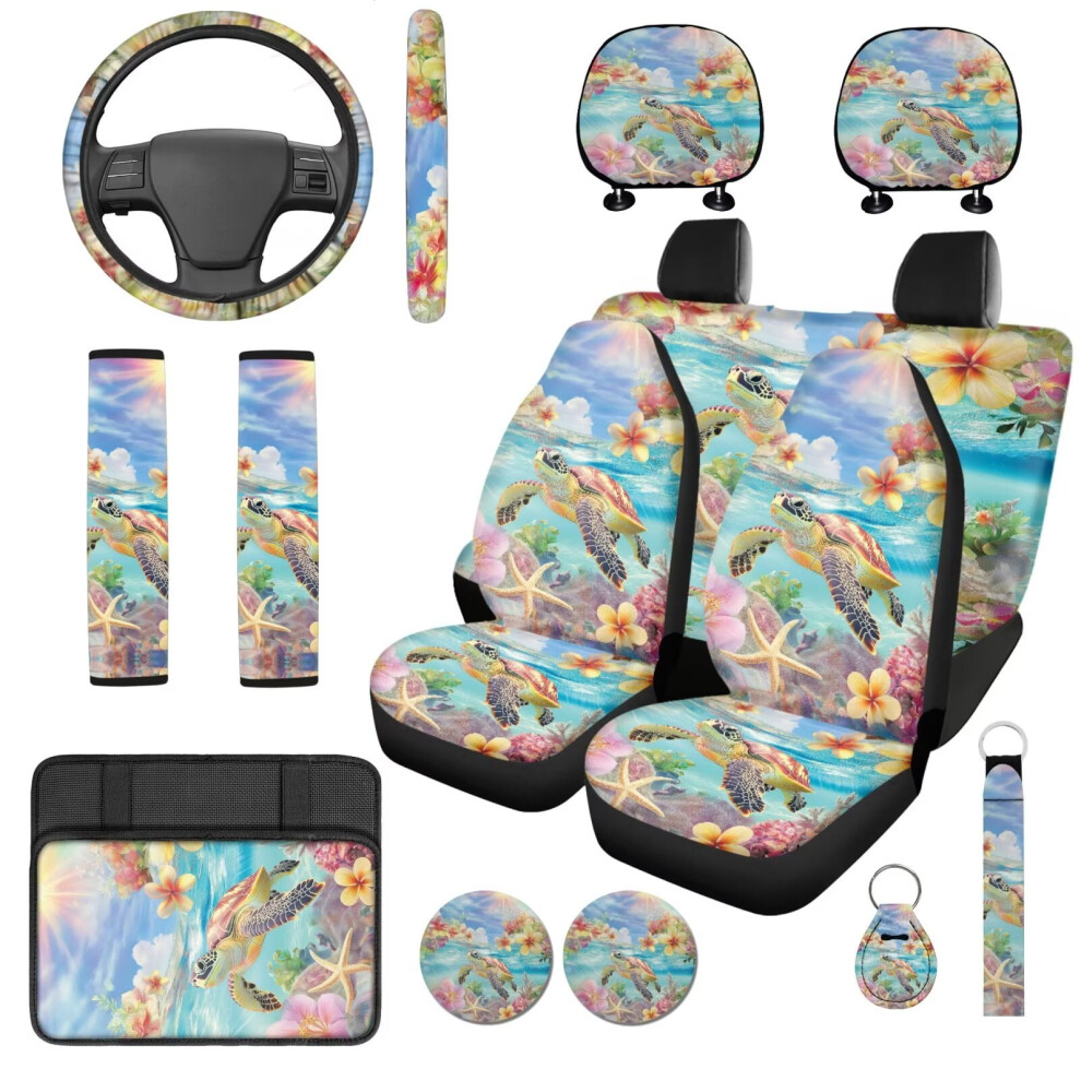Beach Turtle 14-Pc Car Seat Cover Set W/ Steering Wheel Cover, Seat Belt Pads, Headrest Covers, Cup Pad, Console Cover & Keychain Â Compatible With 9327961725737