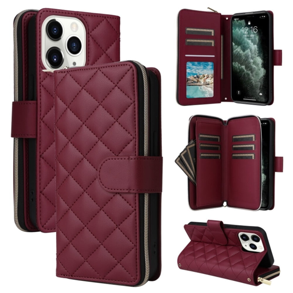 Magnetic Flip Wallet Case For Iphone 11 Pro Â 9-Card Slots, Zipper Pocket, Detachable Shoulder & Wrist Straps, Wine Red 9327961726499