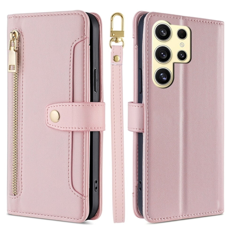 Leather Wallet Case For Samsung Galaxy S24 Ultra 5G 6.8" Â 6-Card Holder, Zipper Bills Slot, Soft Sheepskin Strap, Pink 9353595641310