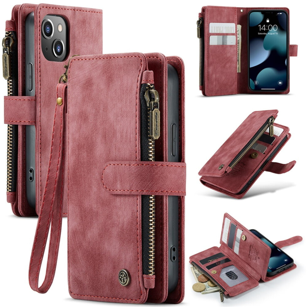 Caseme Wallet Case For Iphone 13 Mini Â Pu Leather Magnetic Flip, Lanyard Strap, Wristlet & Zipper Card Holder, Red 9557311954368