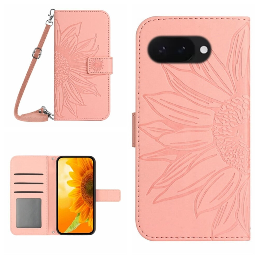 Pu Leather Flip Wallet Case For Google Pixel 9A 6.3" Â Sunflower Embossed, Strong Magnetic Closure, Card Slots, Adjustable Strap, Compatible Pink 9327961728899
