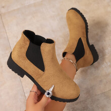 Botines de mujer, tacón bajo grueso, elásticos sin cordones, punta redonda, ante, antideslizantes, botines casuales para otoño – Amarillo tierra