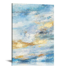 Abstrakter Leinwanddruck fürs Badezimmer, modernes blaues Ozeanbild, kleines Küstenmotiv mit Sonnenuntergang und Sonnenaufgang, 40 x 50 cm (16 x 20