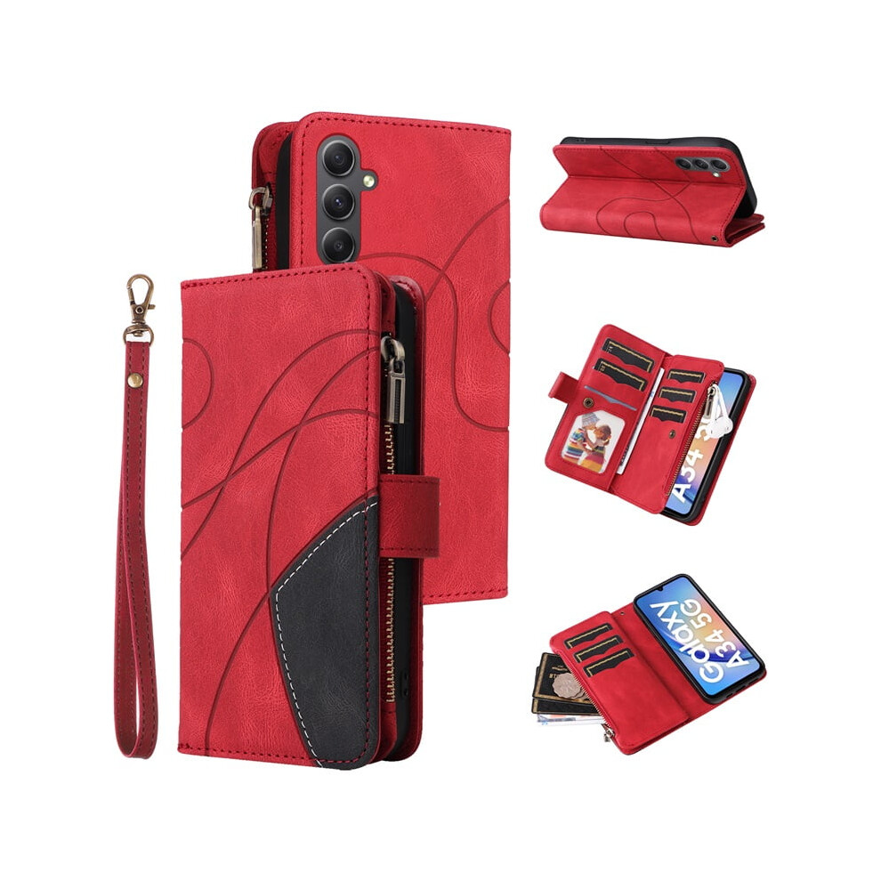 Samsung Galaxy A34(5G) Wallet Case With 9-Card Holder, Zipper Pocket, Magnetic Closure, Pu Leather Folio & Wrist Strap Â Red 9327961727137