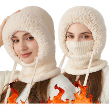 3 in 1 Winter Beanie hat with Scarf and Mask for Women, Windproof Warm Balaclava Hat for Skiing, Cycling