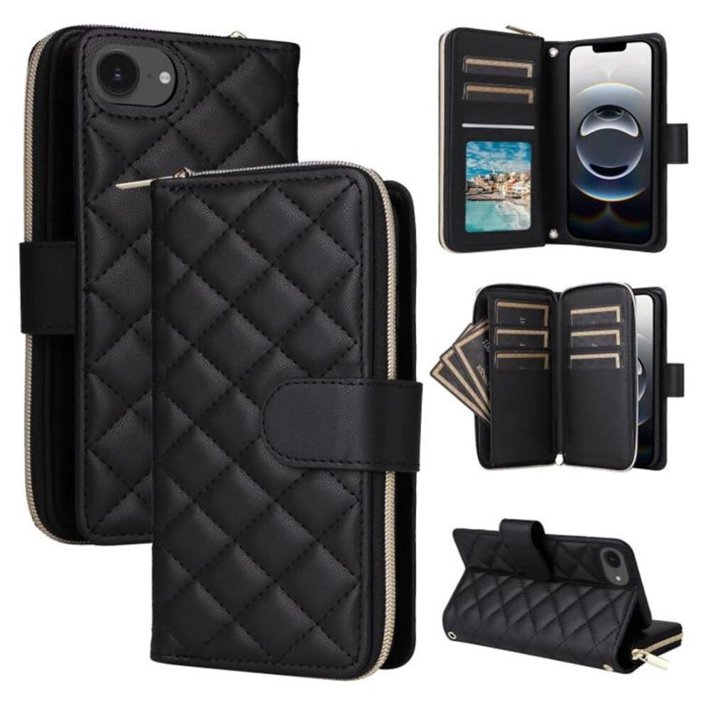 Magnetic Flip Wallet Case For Iphone 16E: 9-Card Slots, Zipper Pocket, Detachable Shoulder & Wrist Straps, Black 9327961727847