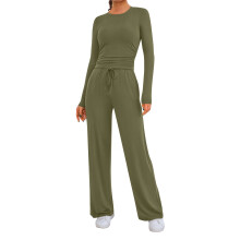 Dames herfst 2-delige outfit: top met lange mouwen en plooien & wijde broek, trainingspak, legergroen L