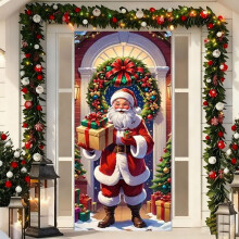 70,86 x 35,43 inch kerstdeurdecoratie met de Kerstman, rode kerstbanner voor binnen/buiten (geschikt voor standaard deuren)