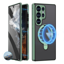 Samsung Galaxy S24Ultra cover med indbygget skærmbeskytter, magnetisk metalbumper, sikkerhedslås, 360 stødsikker MagSafe-stander, grøn