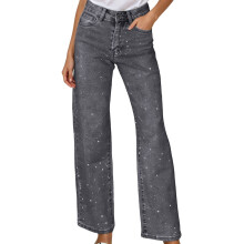 Jeans da donna a gamba larga, pantaloni casual a vita alta con strass, pantaloni in denim da donna con tasche, jeans grigi da donna, abbigliamento da