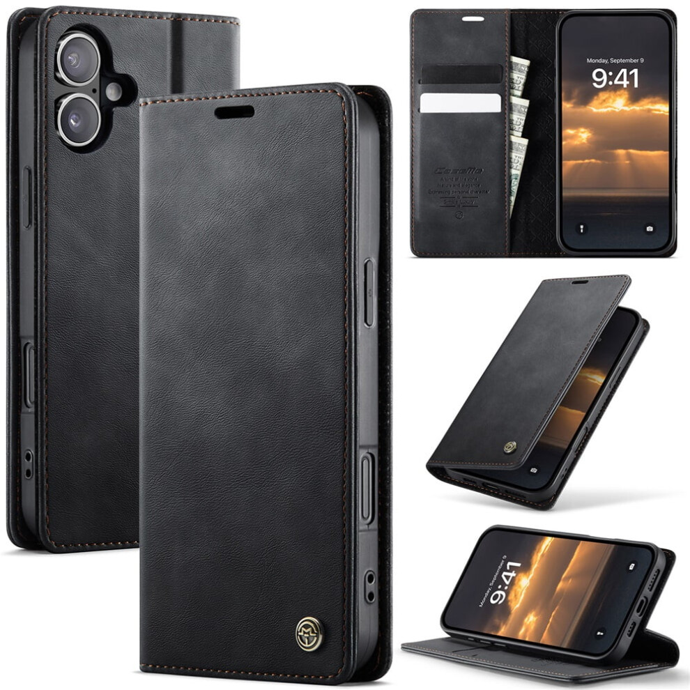 Caseme Calf Leather Wallet Case For Iphone 16 6.1-InchâRfid Blocking, Magnetic Closure, Card/Cash Slots, Kickstand, Shockproof, Black 9340959386239
