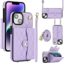 RFID-blockierende magnetische Flip-Wallet-Hülle für iPhone 15 – Lila, mehrere Kartenfächer, abnehmbare Schulter- und Handgelenkschlaufen