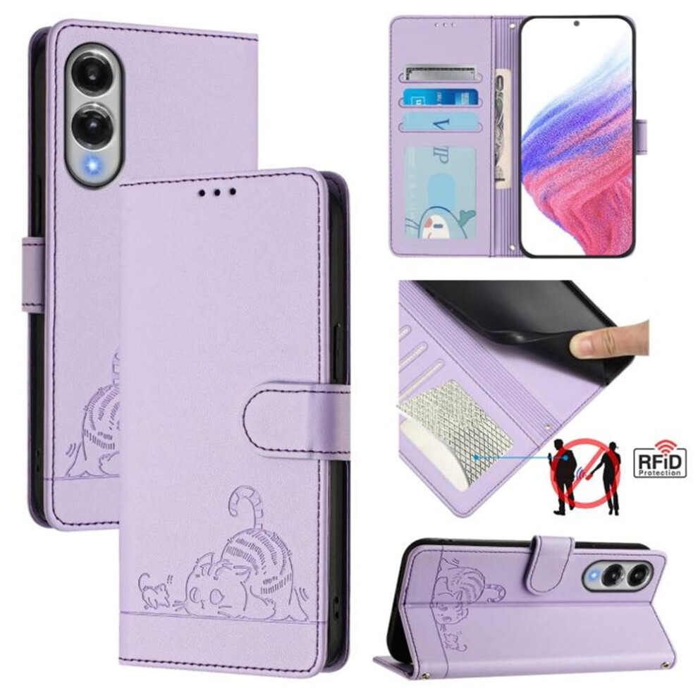 Compatible With Samsung Galaxy S25 Edge 5G 6.7" Rfid-Blocking Pu Leather Flip Wallet Case With Cat Embossing, Strong Magnet, Card Slots, Purple 9340959387816