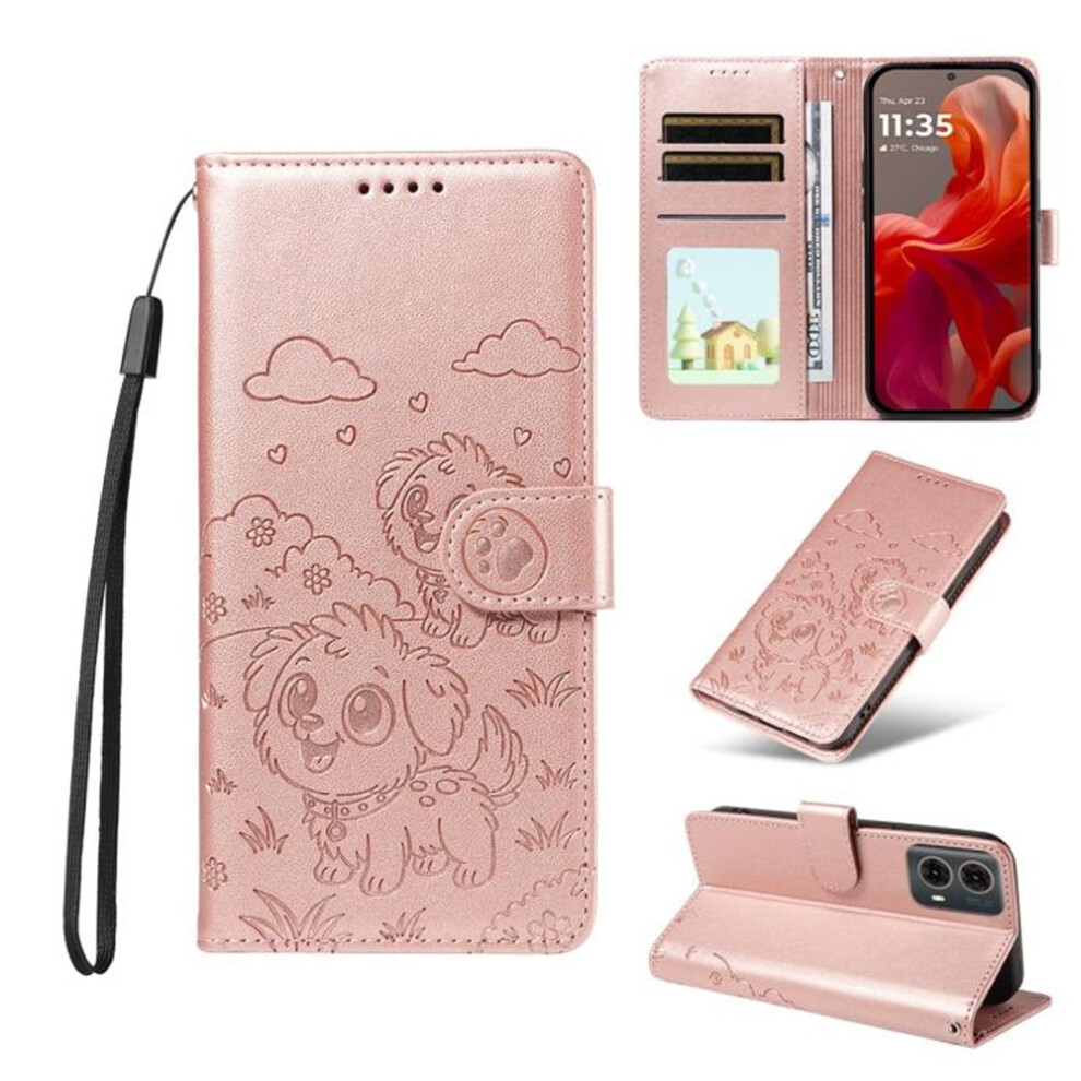 Leather Flip Case For Motorola Moto G96 5G Â Dog Embossing, Rfid Wallet, Magnetic Clasp, Lanyard & Stand Pink 9340959387885