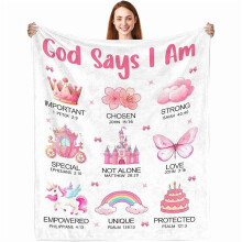 Christian Gift for Women: "God Says I Am" Throw Blanket, Coquette Pink Bow Bible Verse Blanket – Inspirational Faith Gift for Birthday, Christmas,