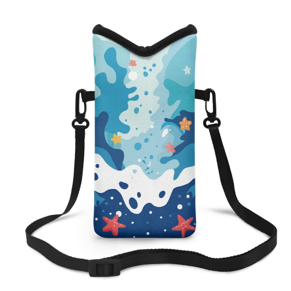 Neoprene Cellphone Sleeve Bag With Adjustable Crossbody Strap, Hook & Loop Fastener, Shockproof, 4X8", Ocean Wave Starfish Design 9340959388073