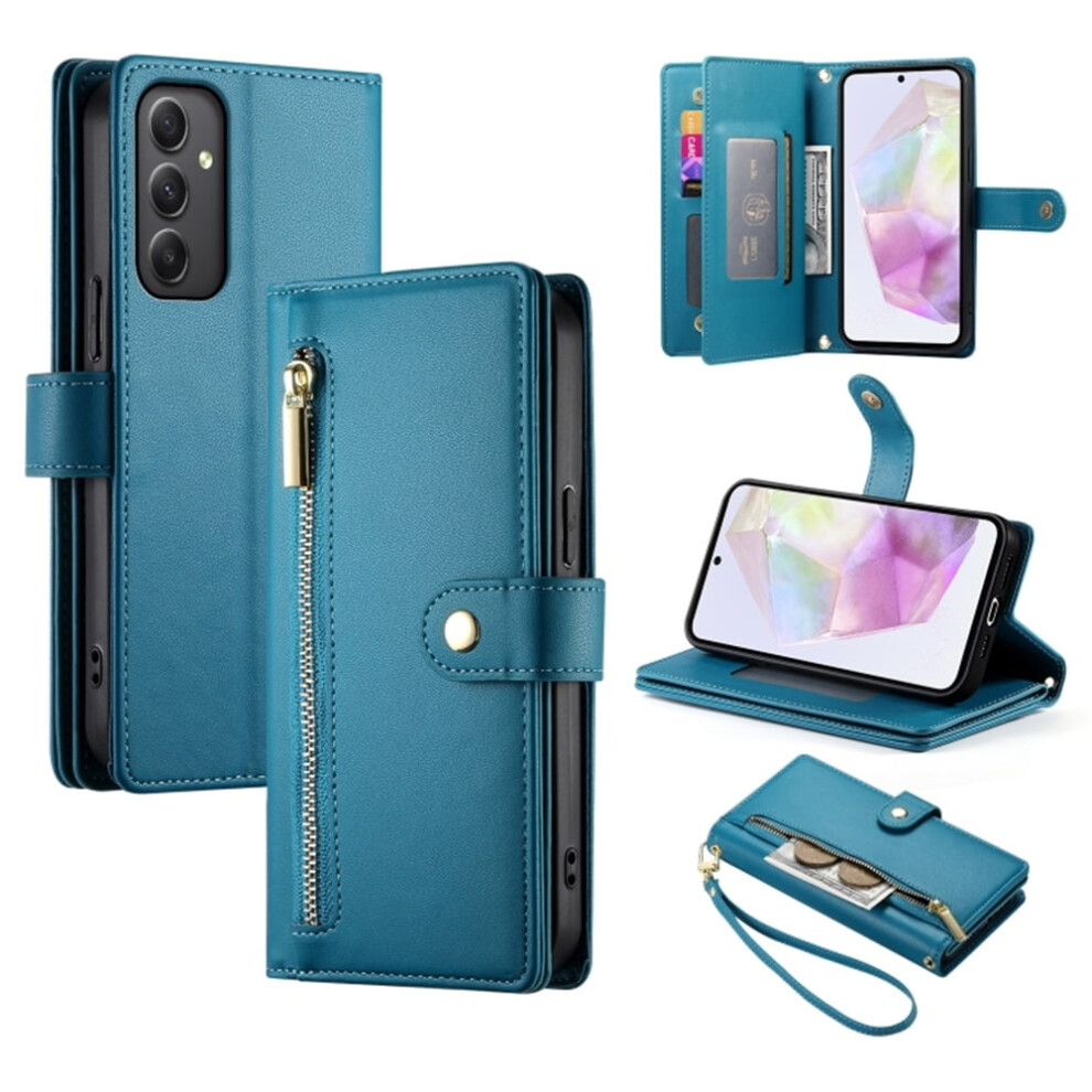 Leather Wallet Case For Samsung Galaxy A35 5G Â Multi-Card Slots, Zipper Pocket, Lanyard Strap, Wristlet Blue 9340959389179